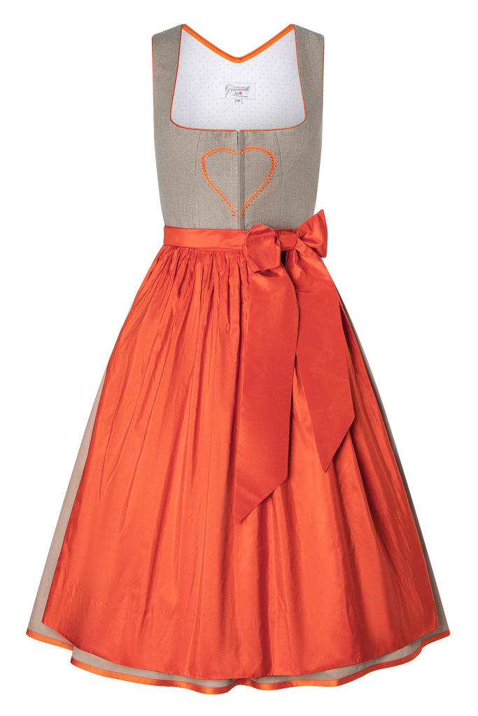 Midi Dirndl aus hochwertigem Jägerleinen mit Seidenschürze orange
